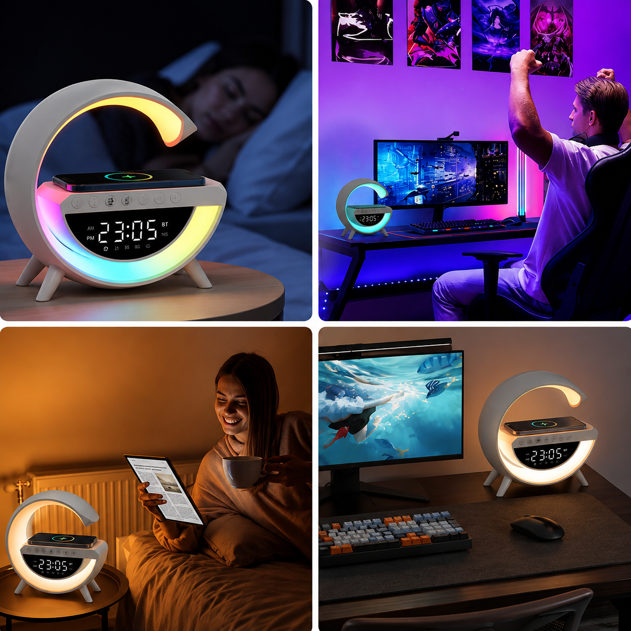 Altavoz Bluetooth G - Cargador inalámbrico + Lámpara LED + Reloj despertador (Neo Glow)
